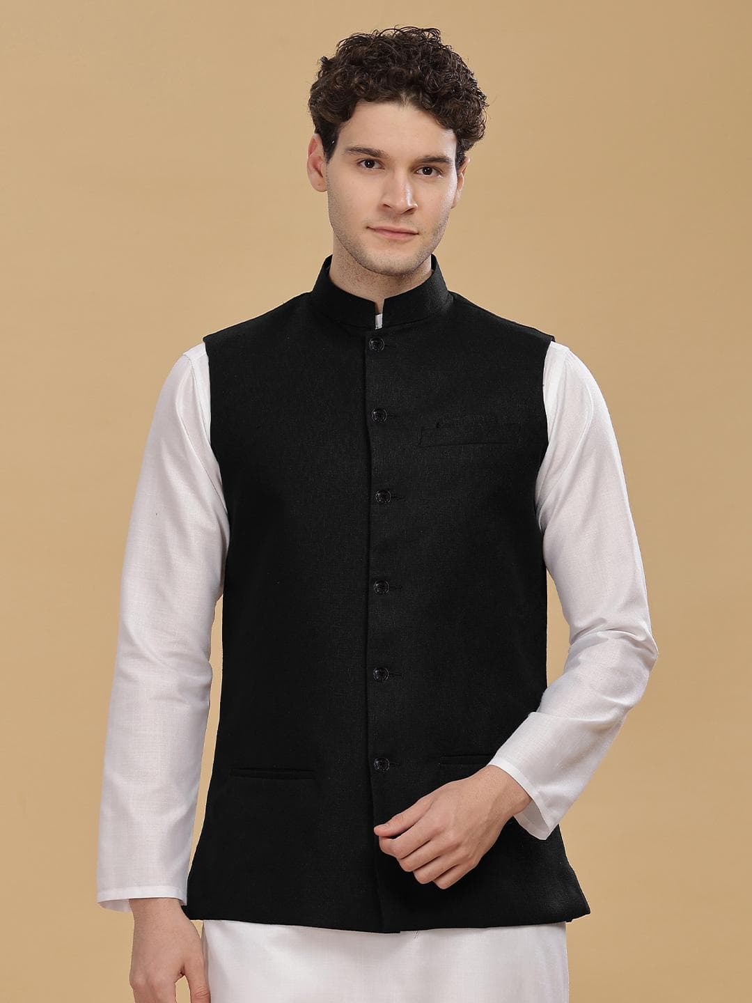 Anouk Men Cotton Linen Woven Nehru Jackets