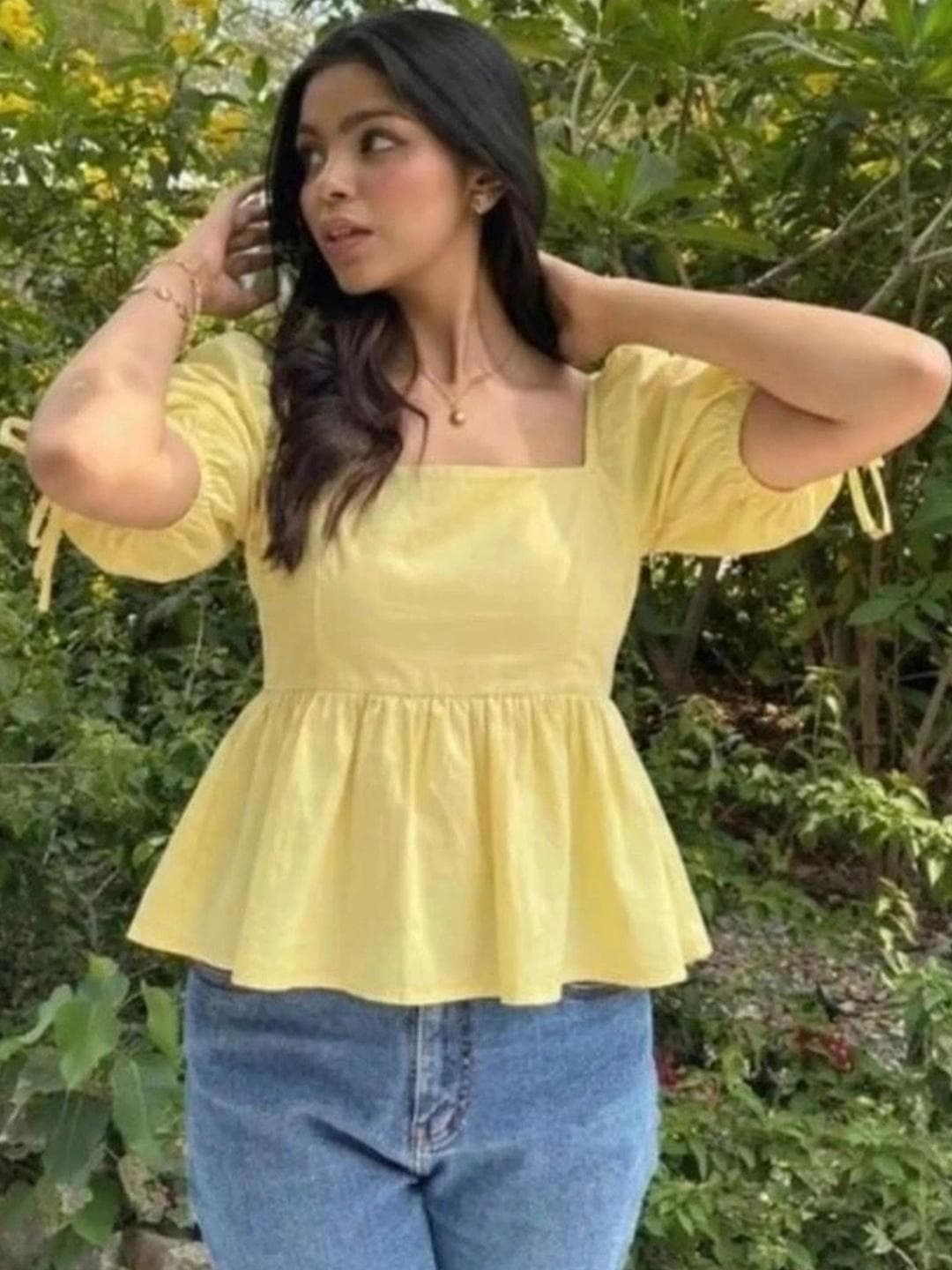 VYMO Puff Sleeve Cotton Peplum Top