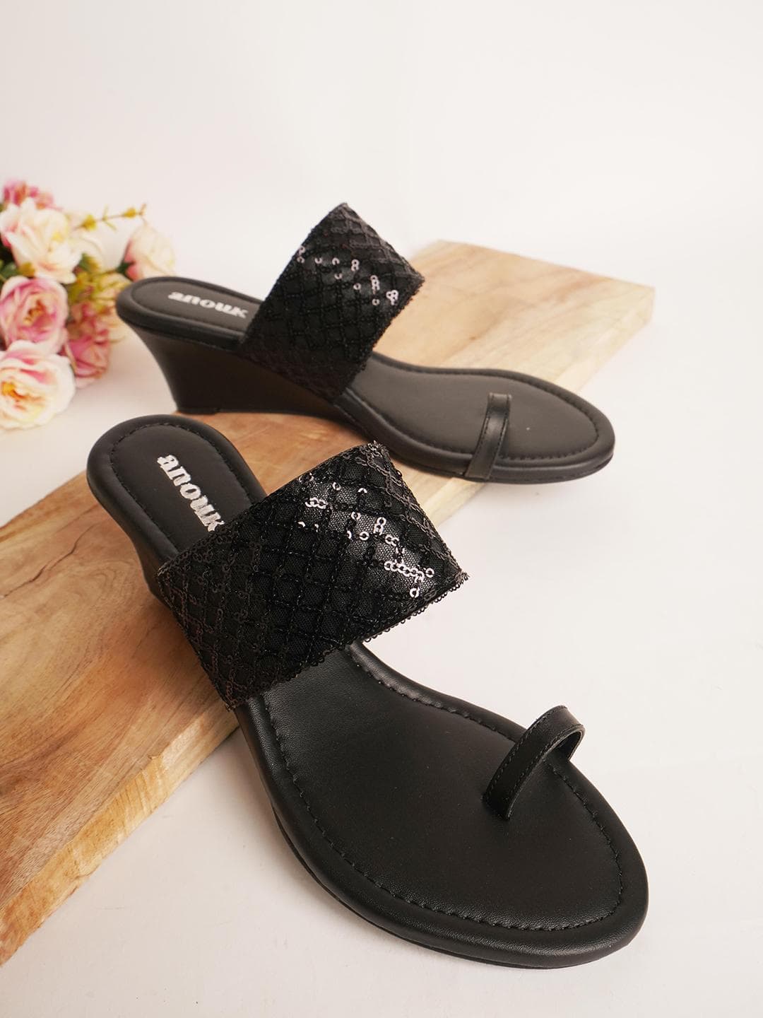 Anouk Black Ethnic Embellished One Toe Wedges