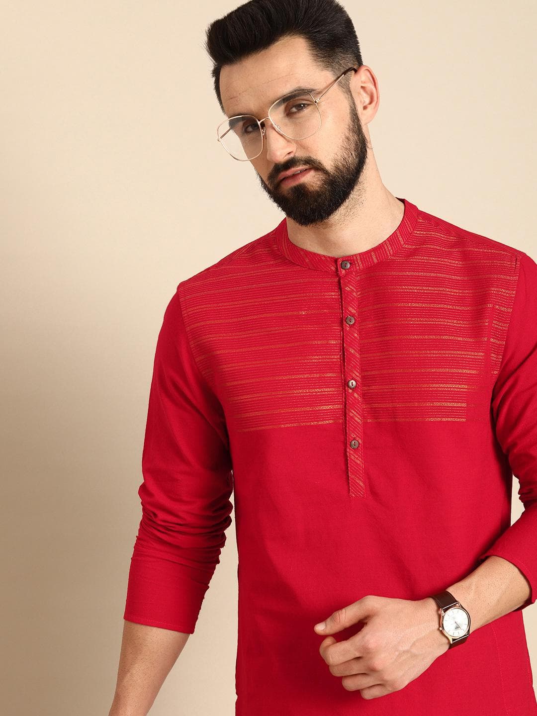 Anouk Men Red Striped Cotton Kurta