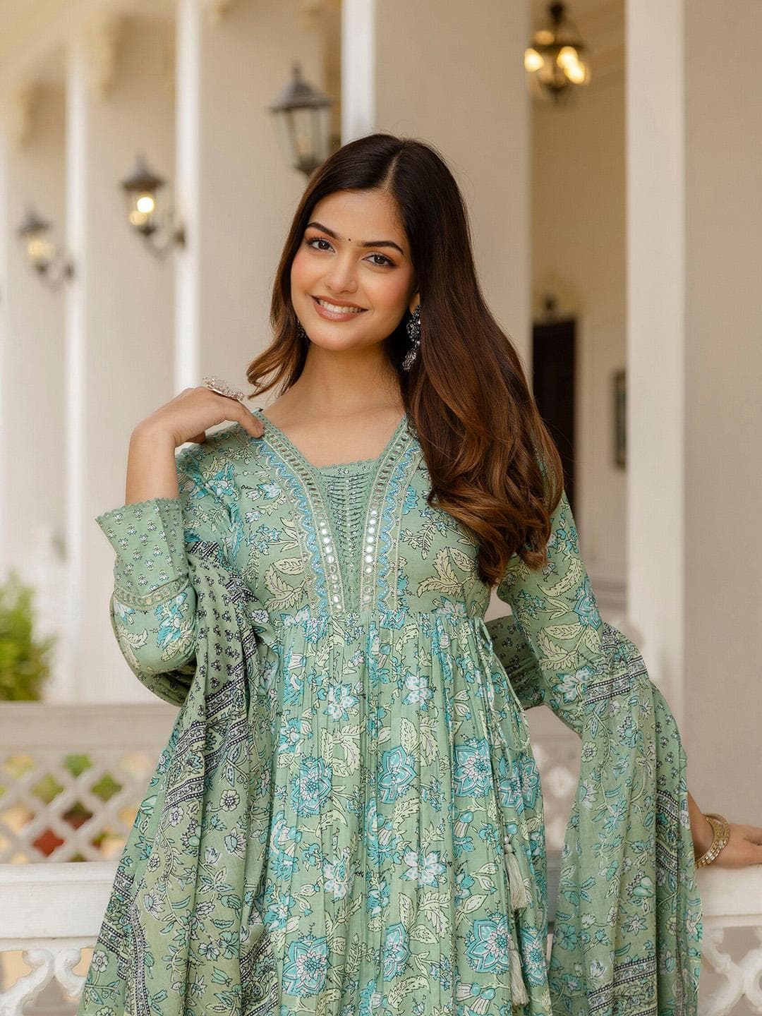 Anouk Floral Yoke Design Empire Mirror Work Pure Cotton Kurta with Trousers & Dupatta