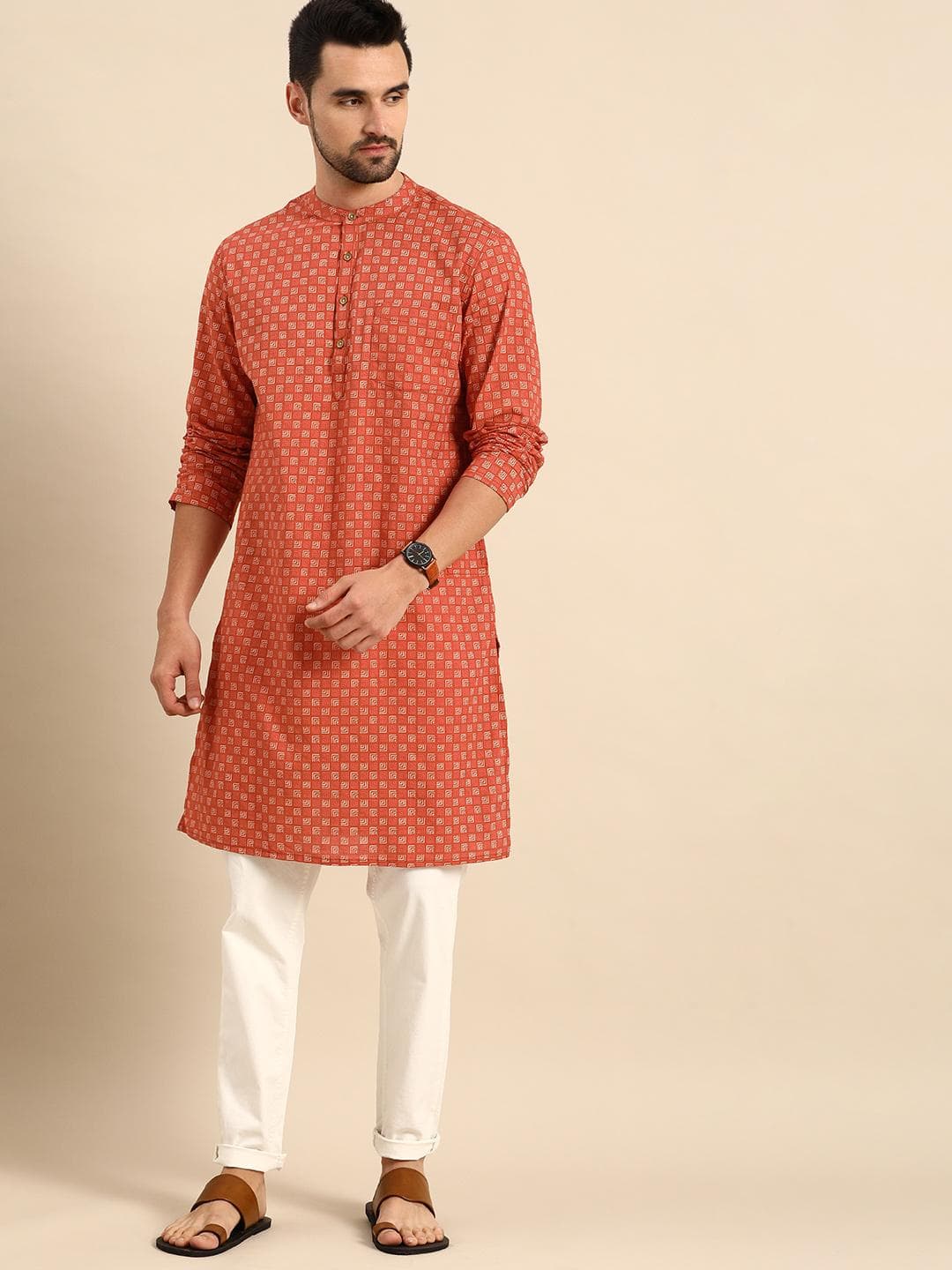 Anouk Men Rust Orange & Off White Geometric Printed Cotton Kurta
