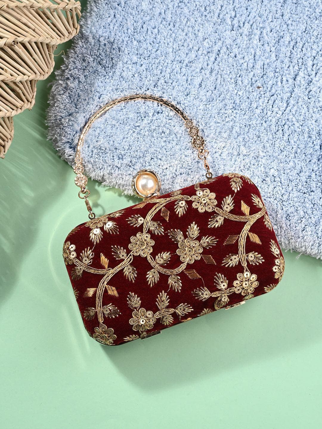 Anouk Red Embellished Box Clutch