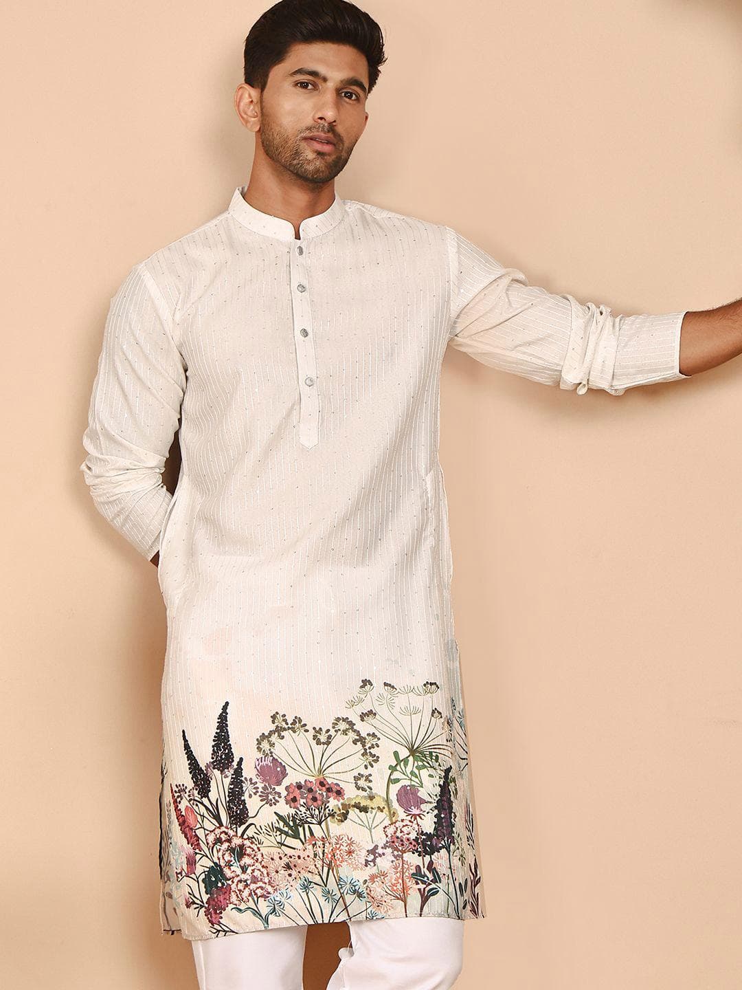 Anouk Floral Printed Mandarin Collar Sequinned Straight Kurta
