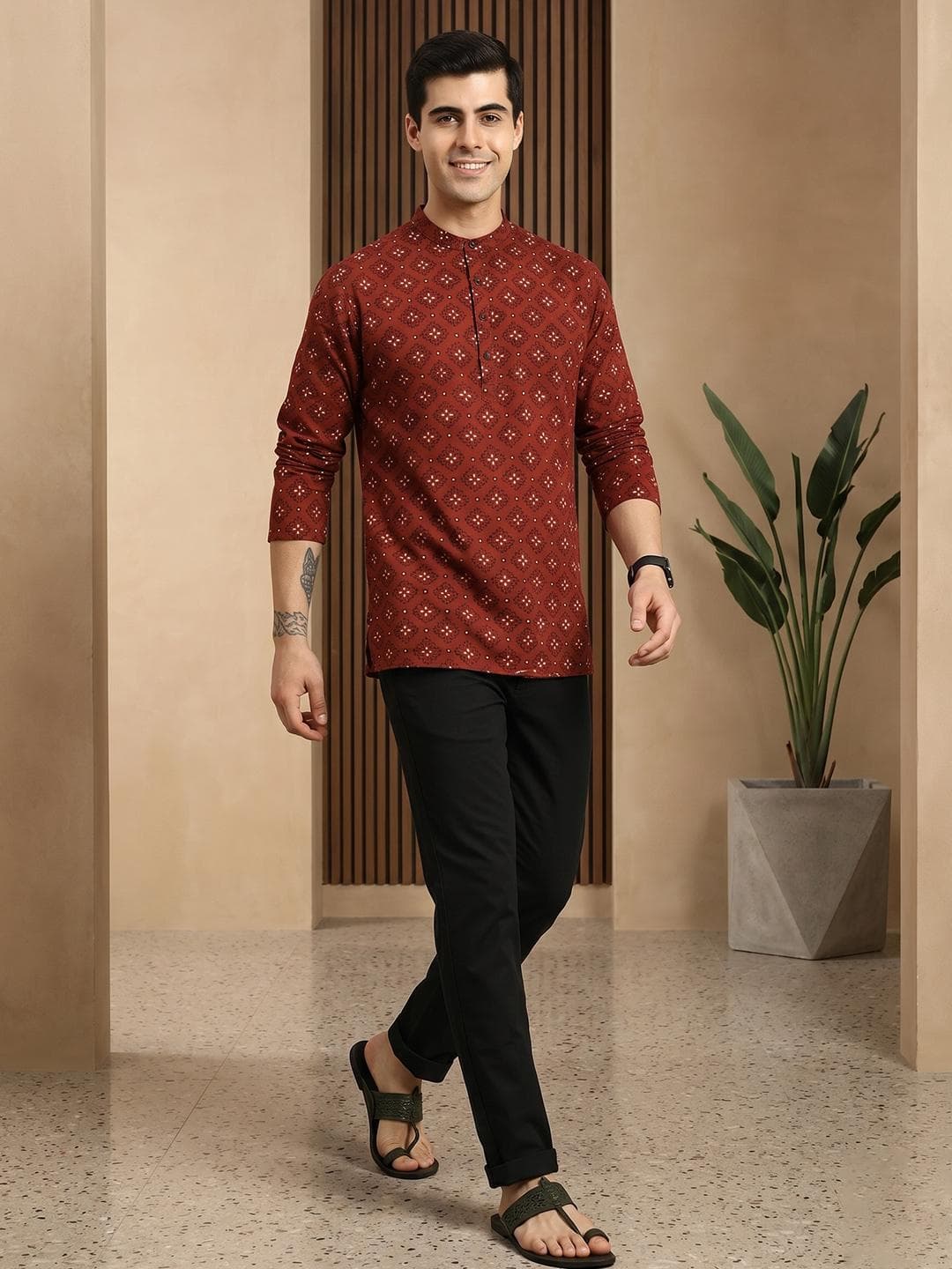 Anouk Men Red & Cream-Coloured Ethnic Motifs Printed Cotton Short Kurta
