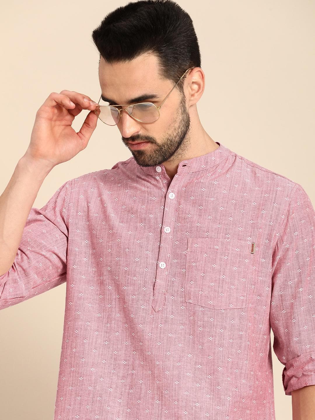 Anouk Men Pink Ethnic Dobby Mandarin Collar Straight Short Kurta