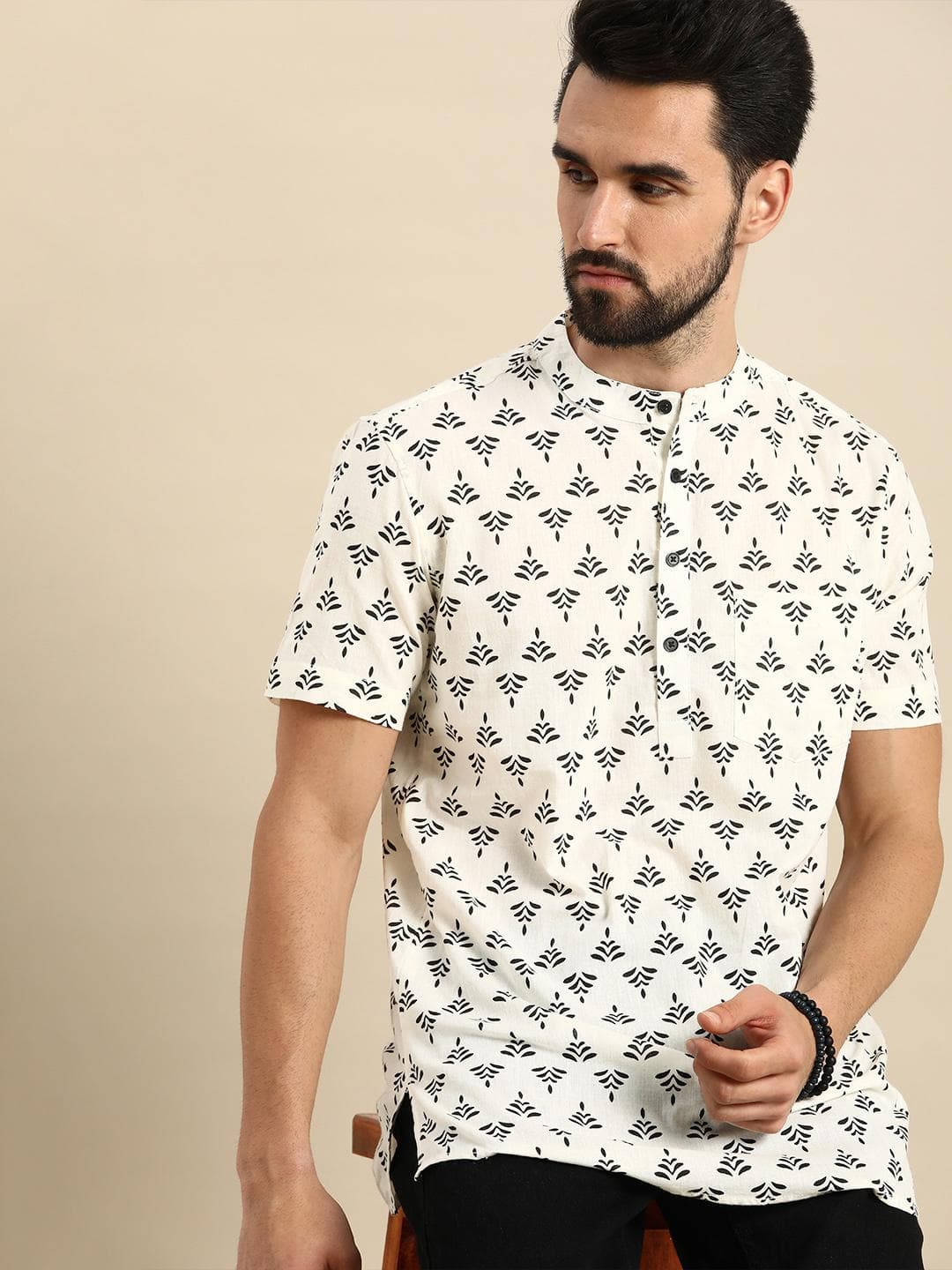 Anouk Men White & Black Ethnic Motifs Printed Short Kurta