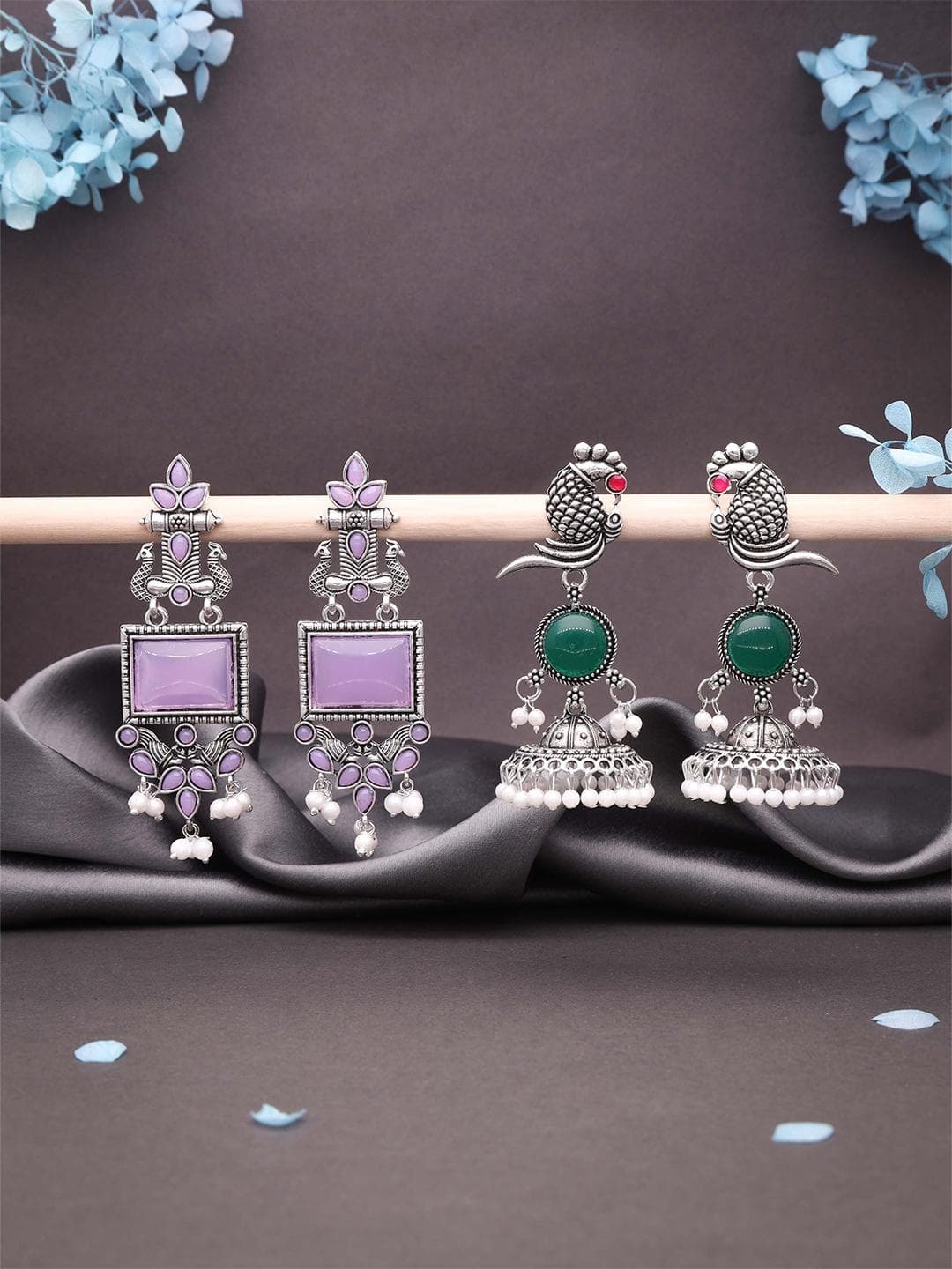 Buy Anouk Set Of 2 Silver Plated Artificial Stones Studded Oxidised Dome Shaped Jhumkas - - Accessories for Women