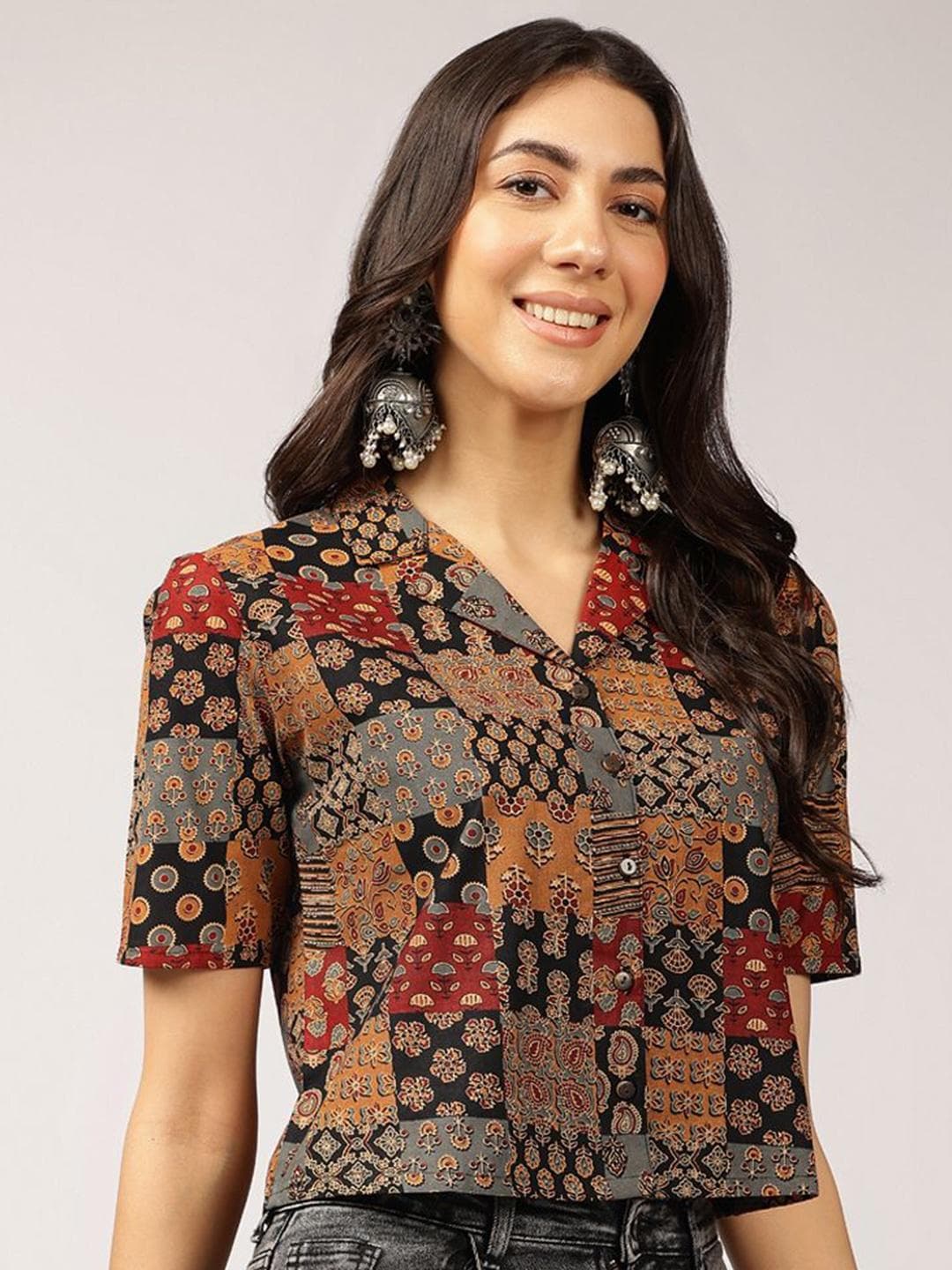 Anouk Ethnic Printed Cuban Collar Shirt Style Top