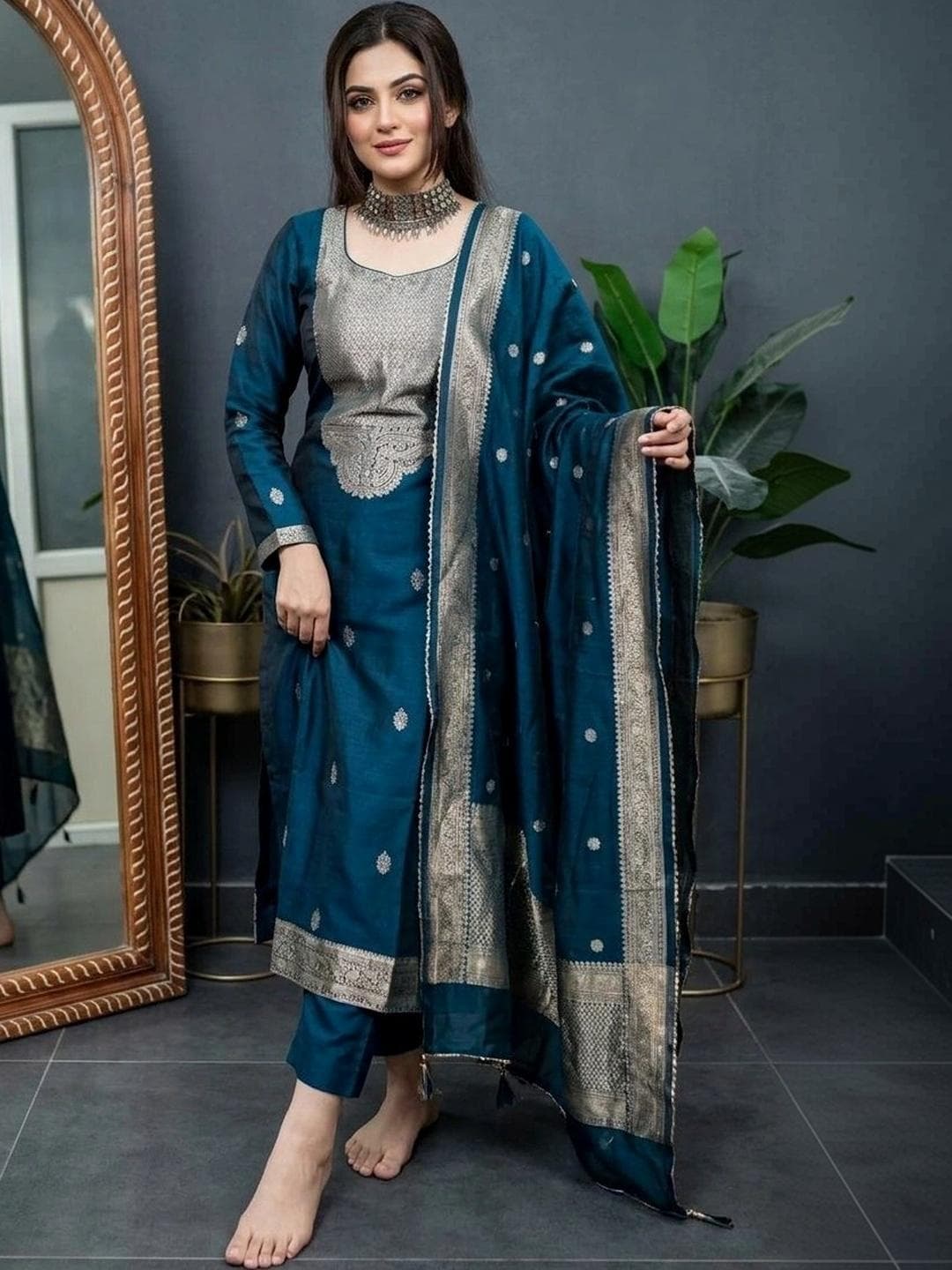 Sangria Women Ethnic Motifs Regular Pure Silk Kurta with Trousers & With Dupatta