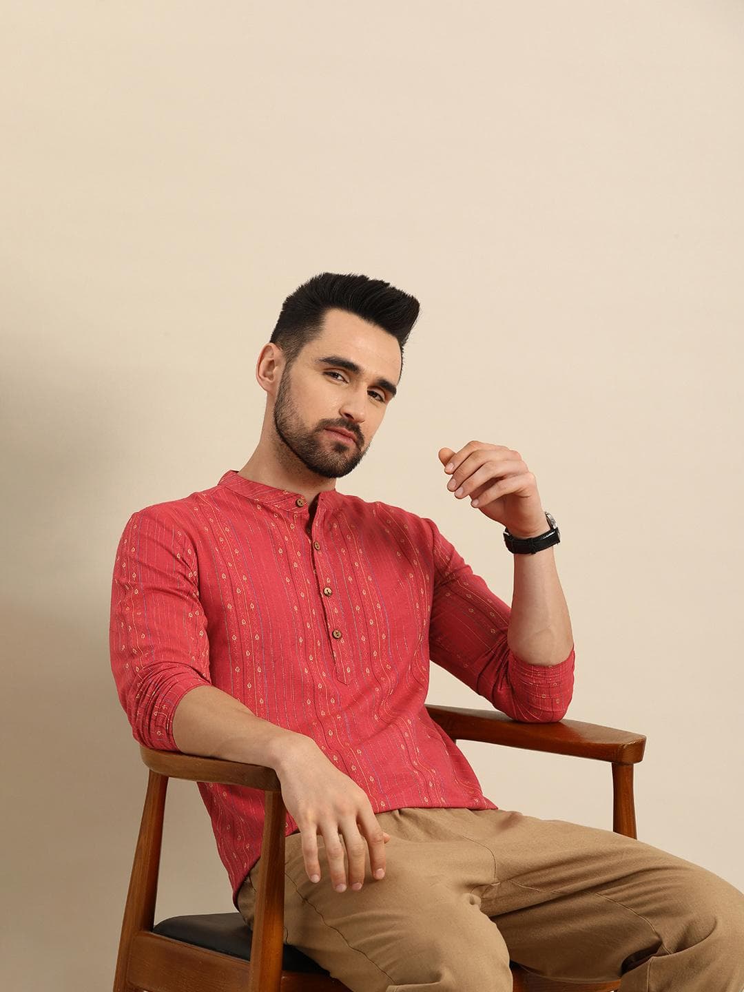 Anouk Men Red Self Design Mandarin Collar Straight Short Kurta
