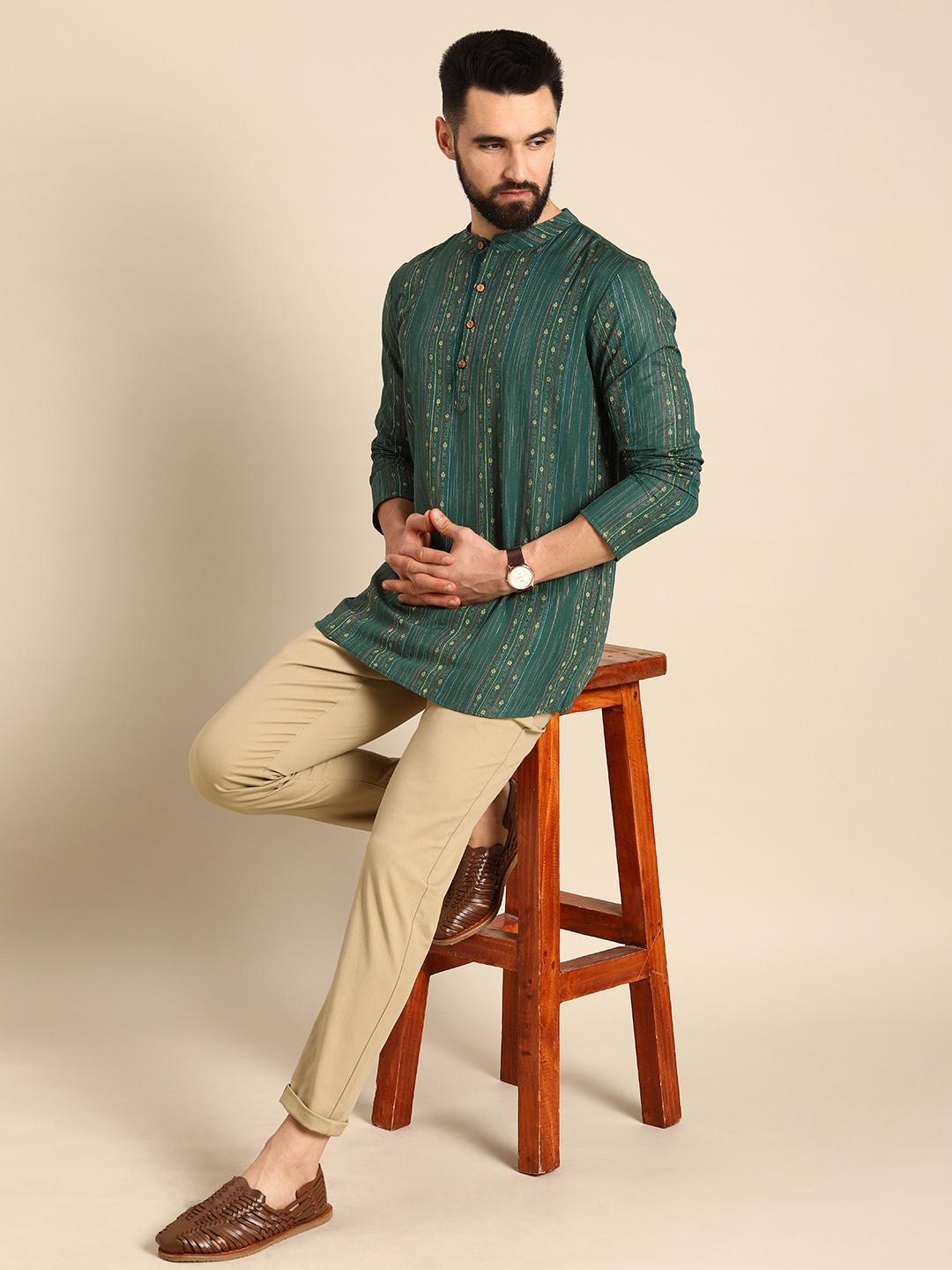 Anouk Men Green & Gold-Toned Striped Thread Work Straight Short Kurta