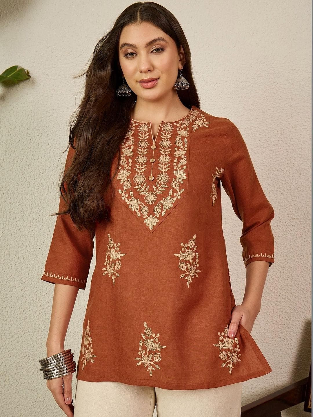 Anouk Women's Rust Embroidered Round Neck Fusion Wear Cotton Short Kurti