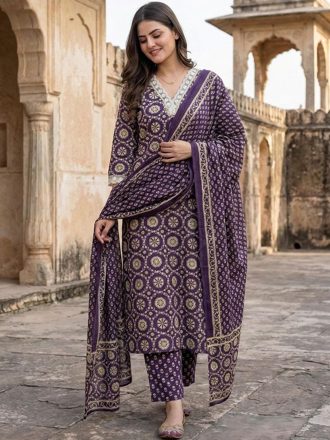 Anouk Women Ethnic Motifs Printed Regular Pure Cotton Kurta with Trousers & With Dupatta