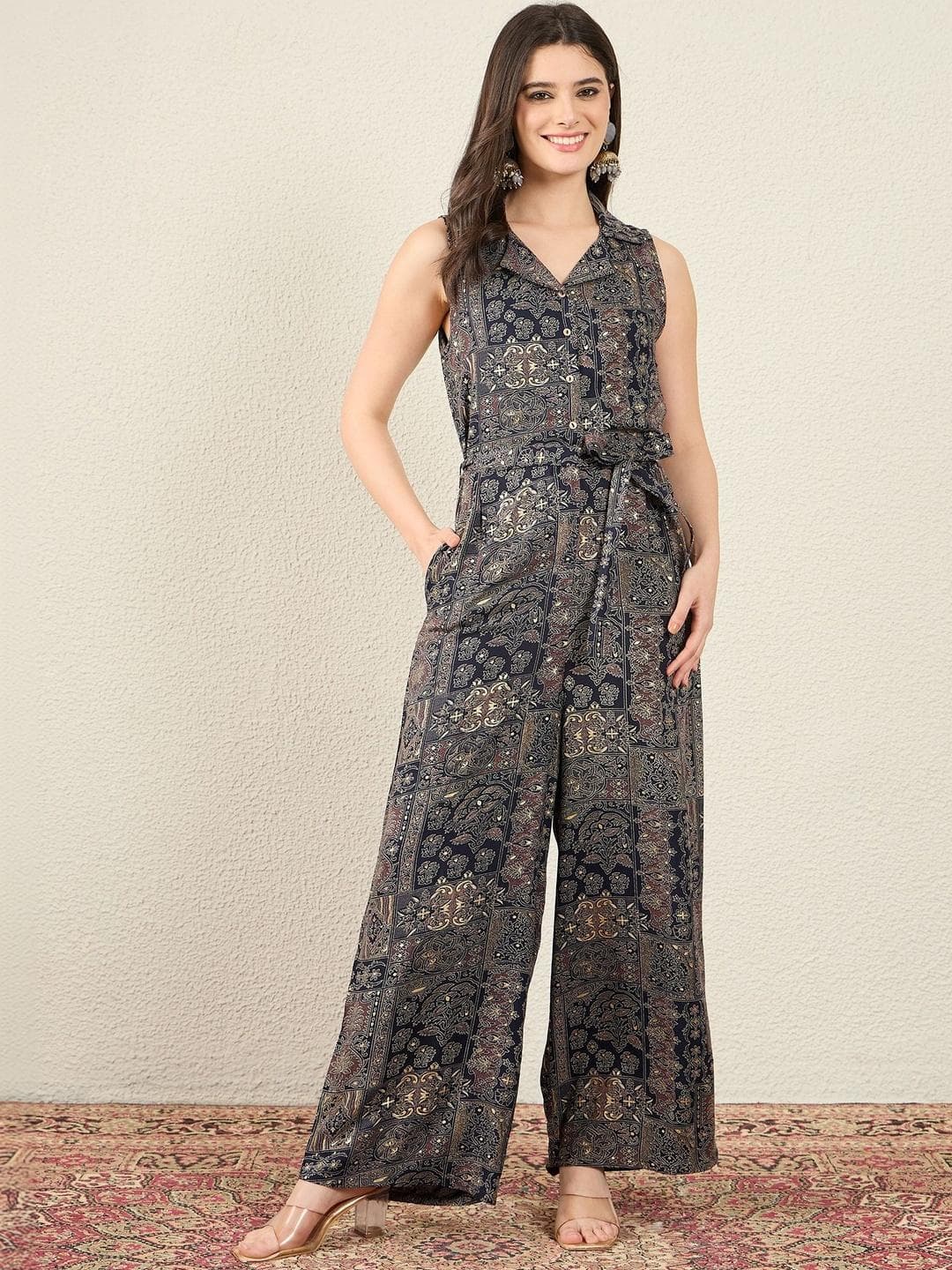 Anouk Notched Lapel Collar Printed Basic Jumpsuit