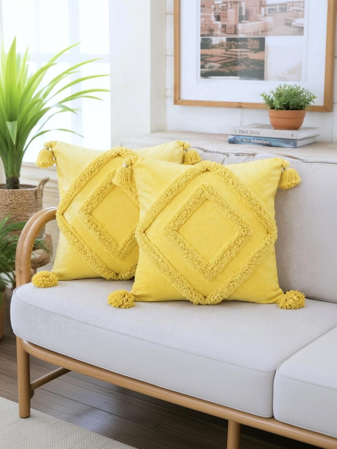 eyda Yellow Cotton Ultra Soft 2 Piece Embroidered Square Cushion Covers -18x18In