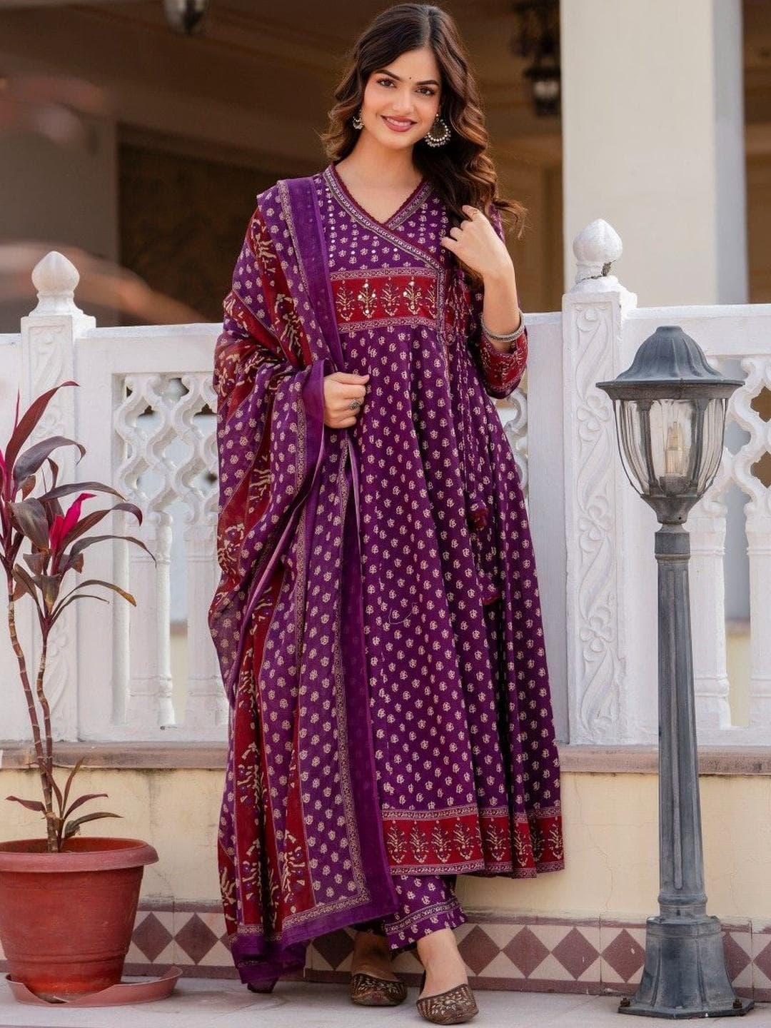 Anouk Women Ethnic Motifs Printed Angrakha Pure Cotton Kurta with Trousers & With Dupatta