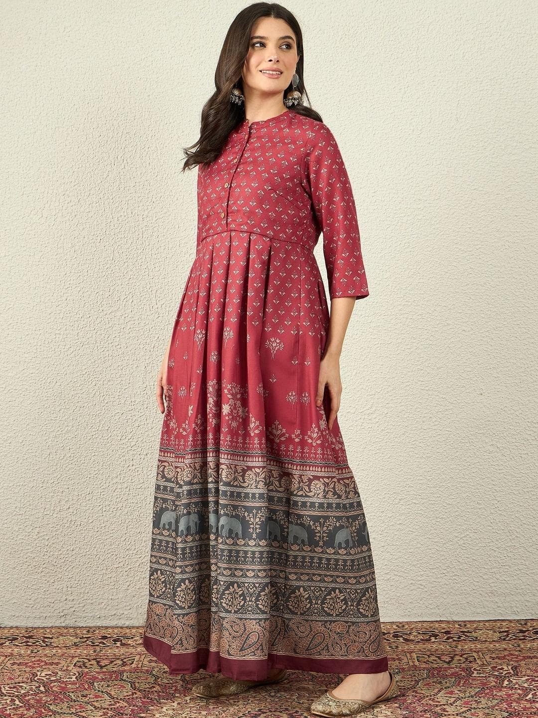 Anouk Printed Mandarin Collar Fit & Flare Ethnic Dresses