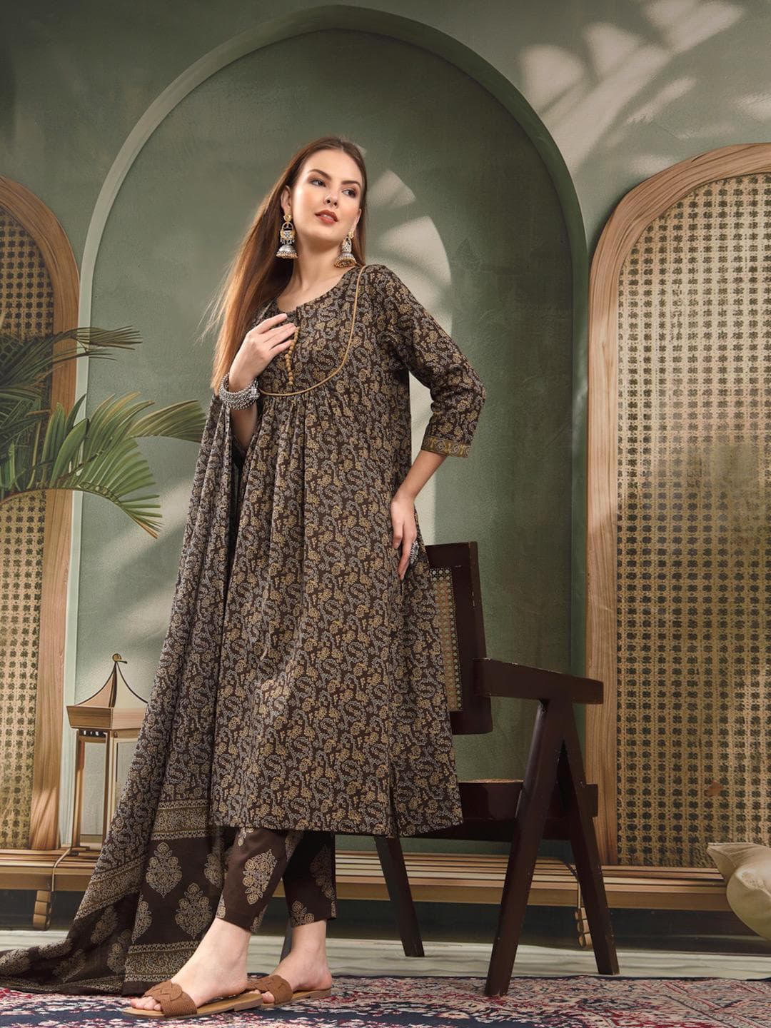 Anouk Women Ethnic Motifs Printed Pleated Pure Cotton Kurta with Trousers & With Dupatta