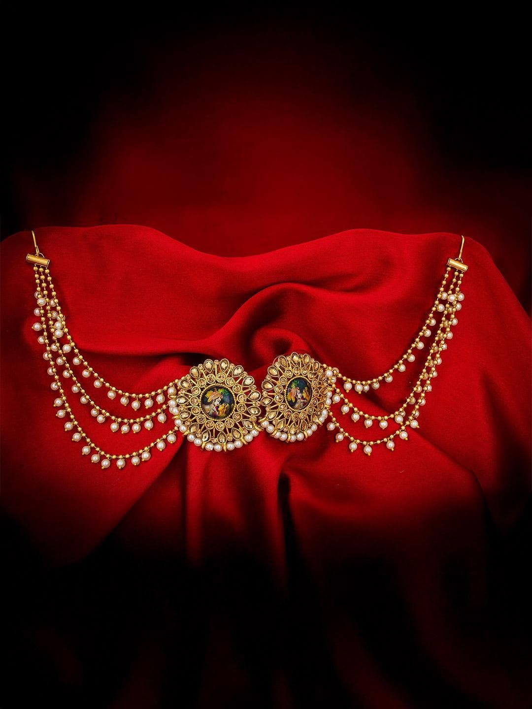 Anouk Gold Plated Kundan Studded And Pearls Beaded Circular Temple Studs With Ear Chain