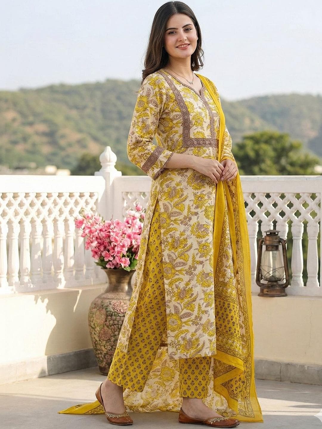 Anouk Women Floral Printed Regular Thread Work Pure Cotton Kurta with Trousers & With Dupatta