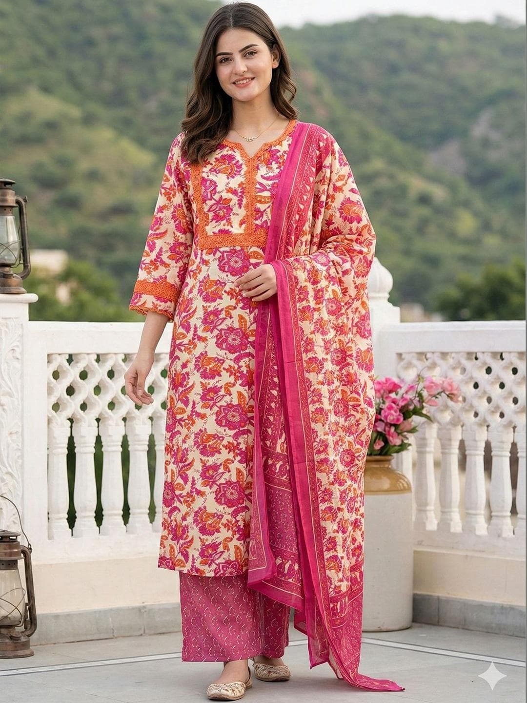 Anouk Women Floral Printed Regular Pure Cotton Kurta with Palazzos & With Dupatta