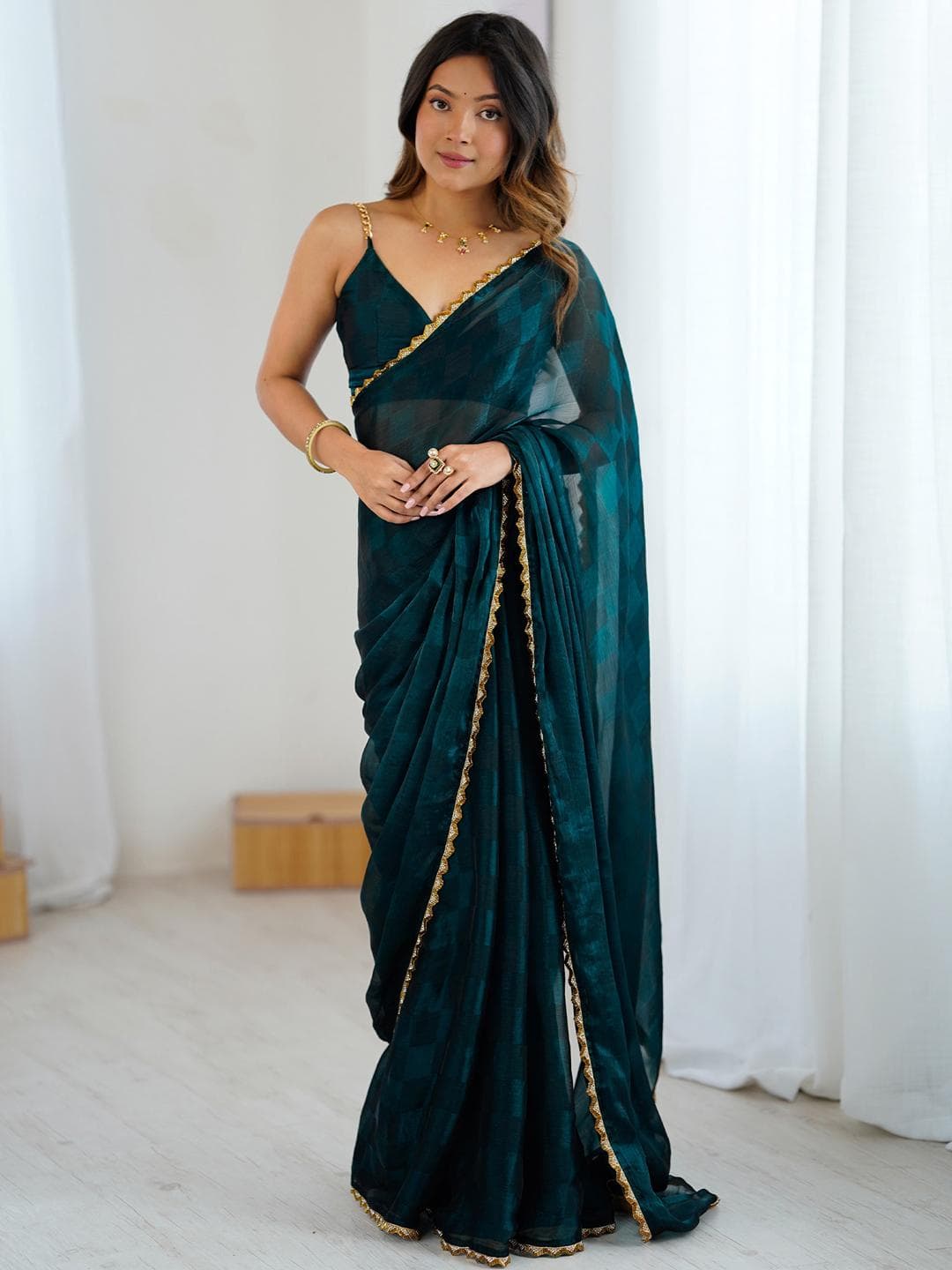 Anouk Teal Embellished Pure Chiffon Sarees