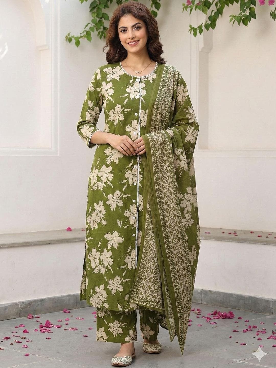 Anouk Women Floral Printed Regular Pure Cotton Kurta with Trousers & Dupatta