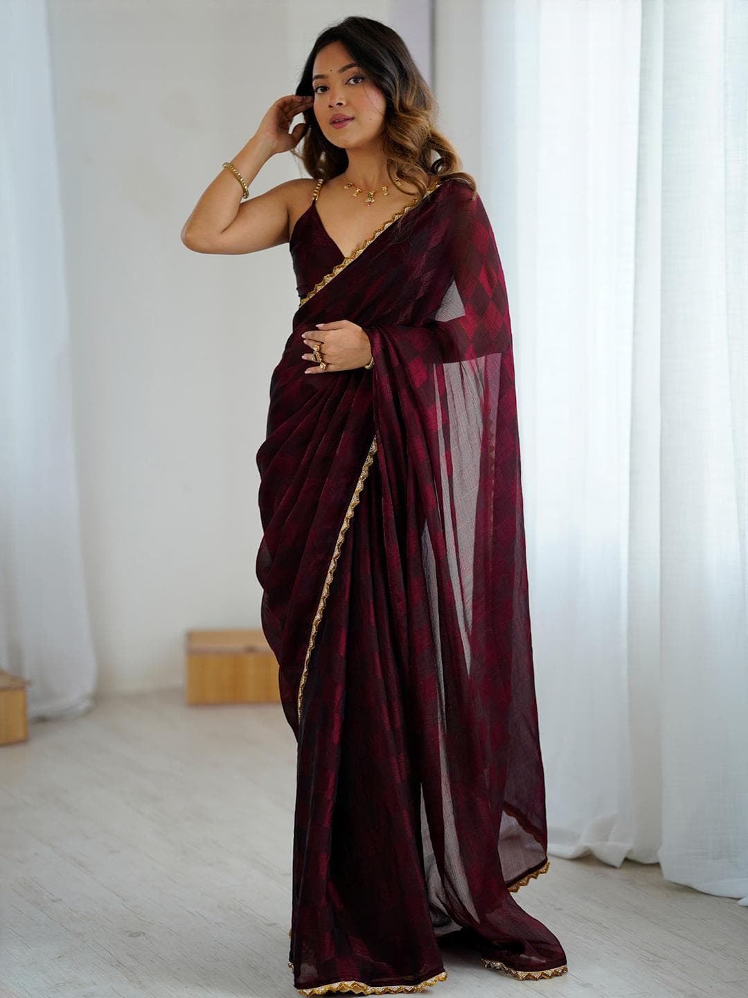 Anouk Maroon Embellished Pure Chiffon Sarees