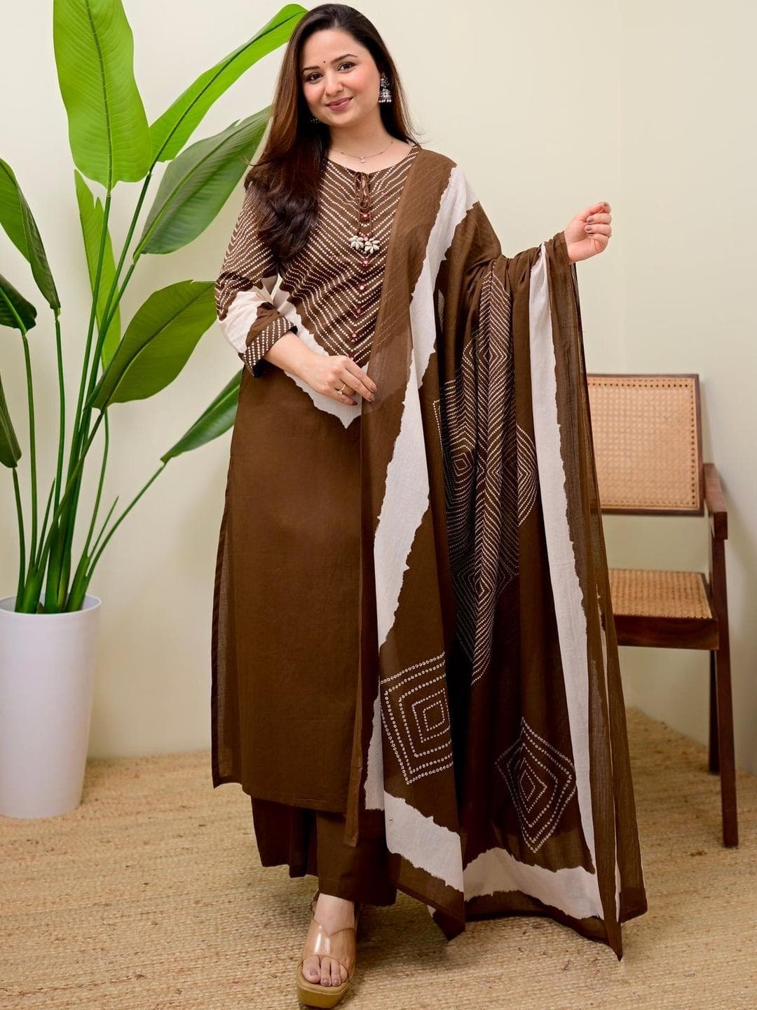 Anouk Women Bandhani Printed Regular Pure Cotton Kurta with Palazzos & With Dupatta