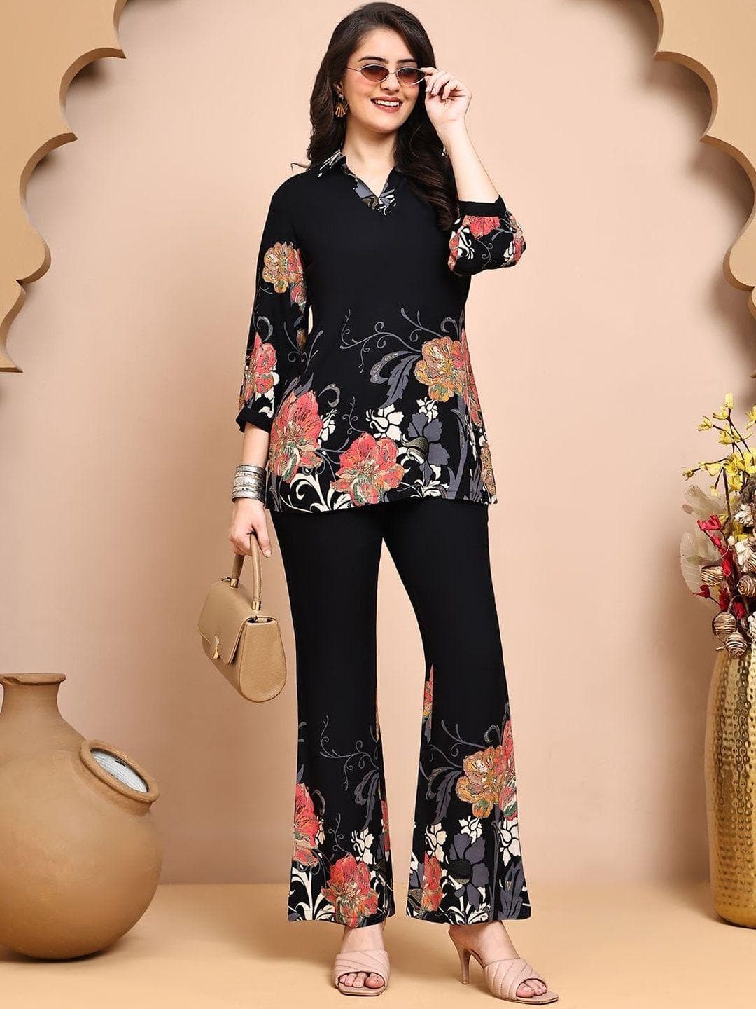 Buy Claura Floral Printed Shirt Neck Top & Palazzos - - Apparel for Women