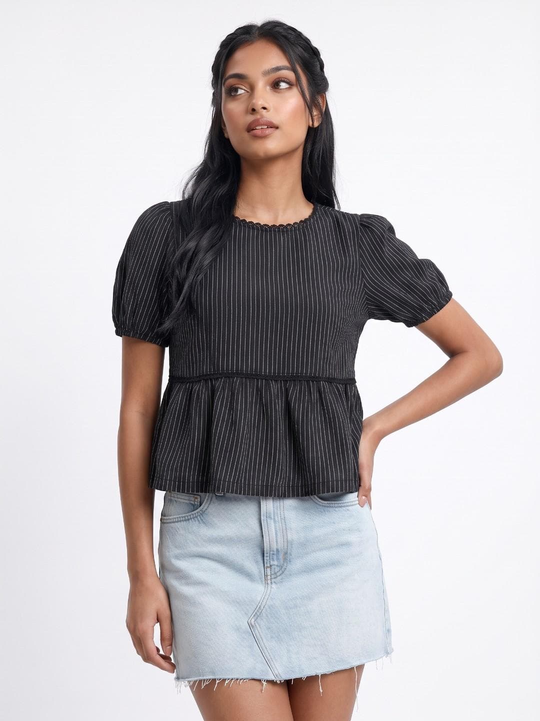 glitchez Striped Puff Sleeve Monochrome Pure Cotton Peplum Top