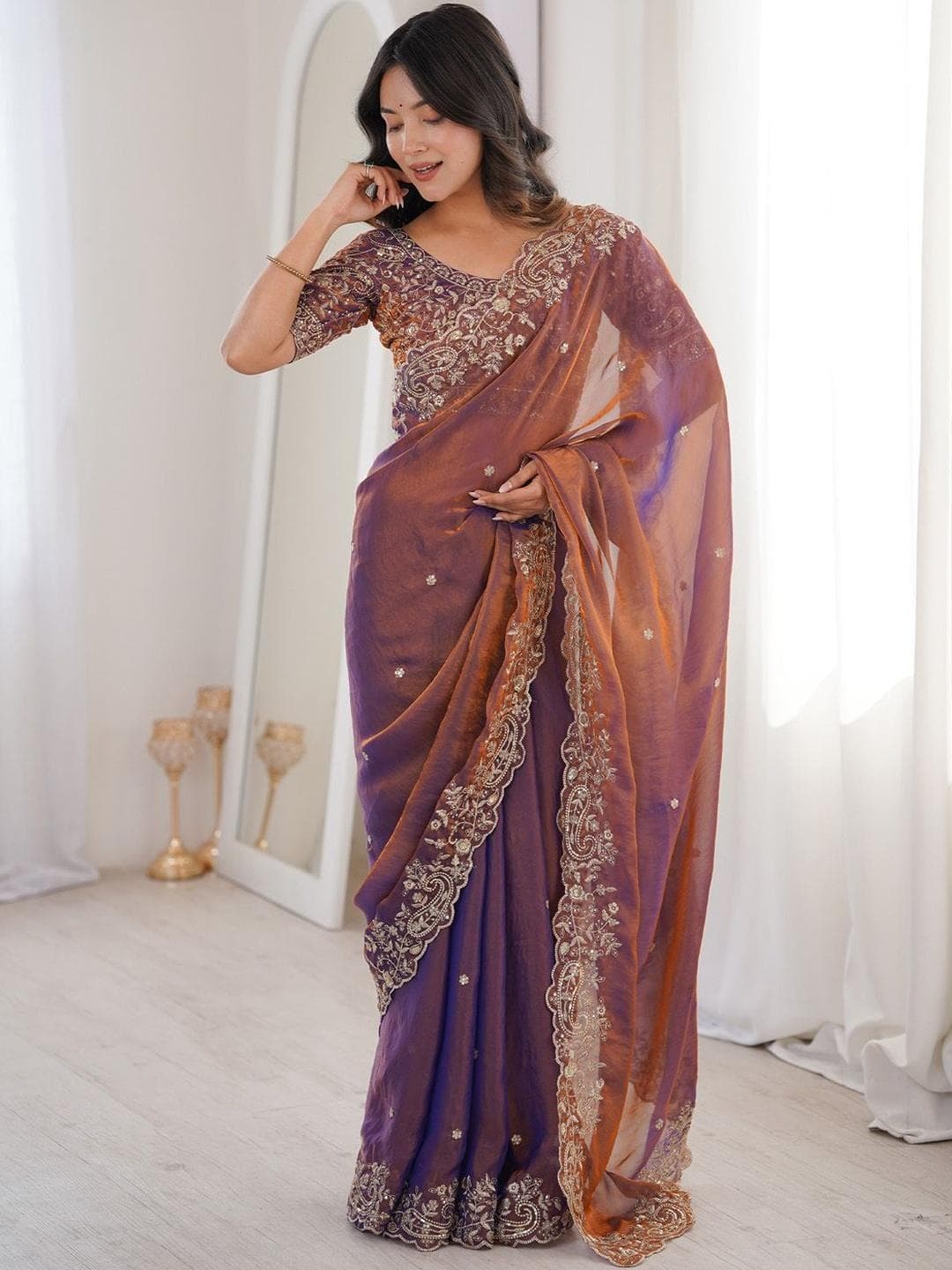 Anouk Embellished Embroidered Satin Heavy Work Saree