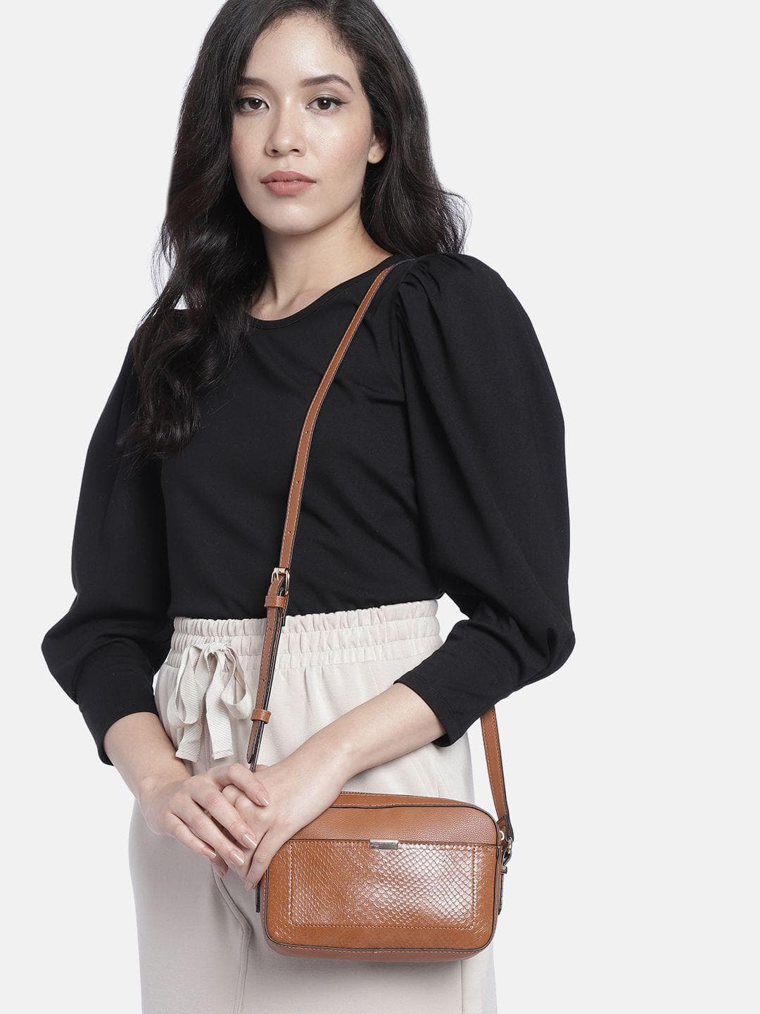 Accessorize London Women's Faux Leather Tan Piper Camera Croc Sling Bag
