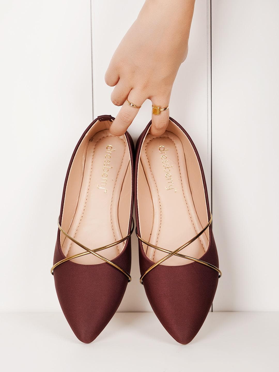 DressBerry Marron & Gold Toned Pointed Toe Embellished Ballerinas