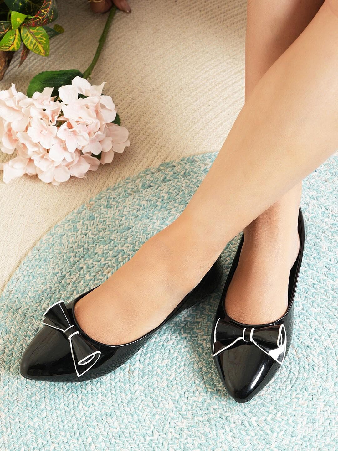 DressBerry Black Bows Detail Pointed Toe Ballerinas Flats