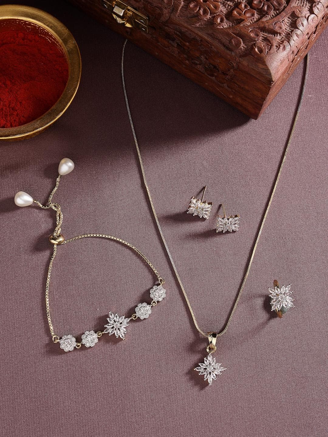 DressBerry Gold-Plated CZ-Studded Asscher Shape Jewellery Set