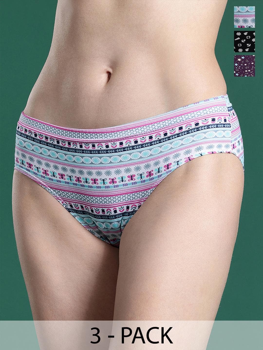 DressBerry Women Set of 3 Printed Anti-Microbial Hipster Briefs