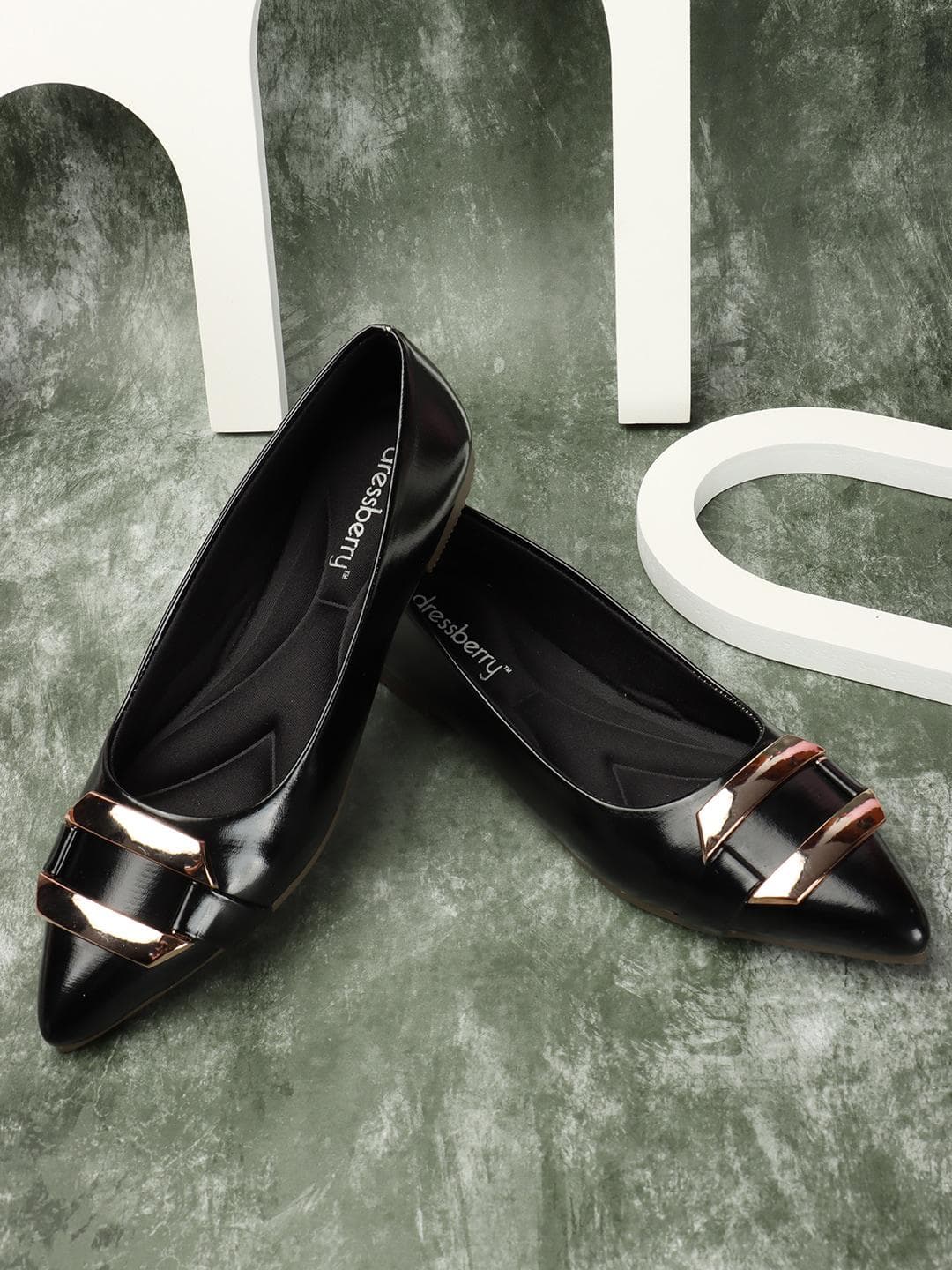 Buy DressBerry Black And Gold Toned Buckle Embellished Ballerinas - - Footwear for Women