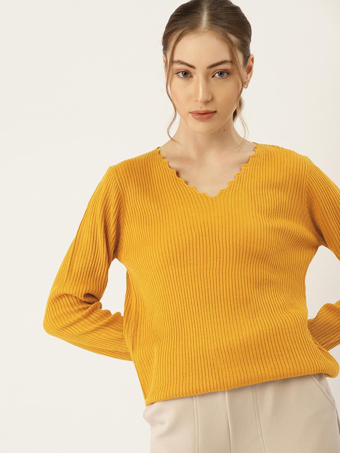 DressBerry Women Mustard Yellow Self Striped Acrylic Pullover Sweater