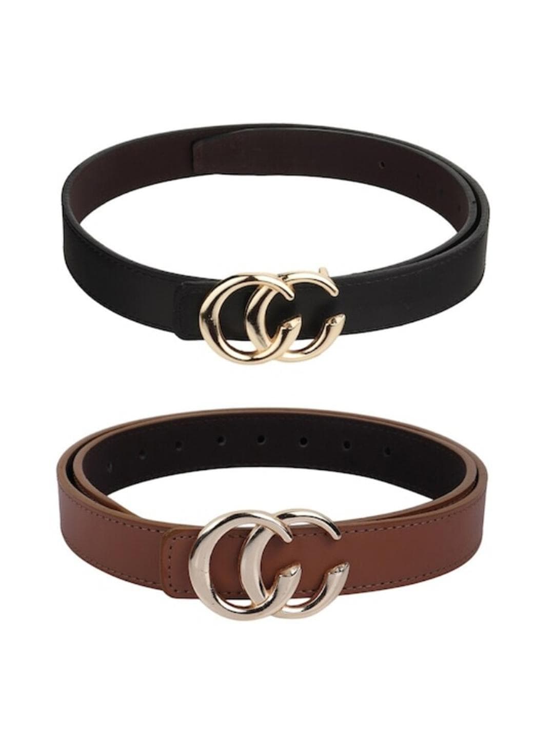 DressBerry Women Set of 2 Black & Brown Solid Push Pin Closure Belt