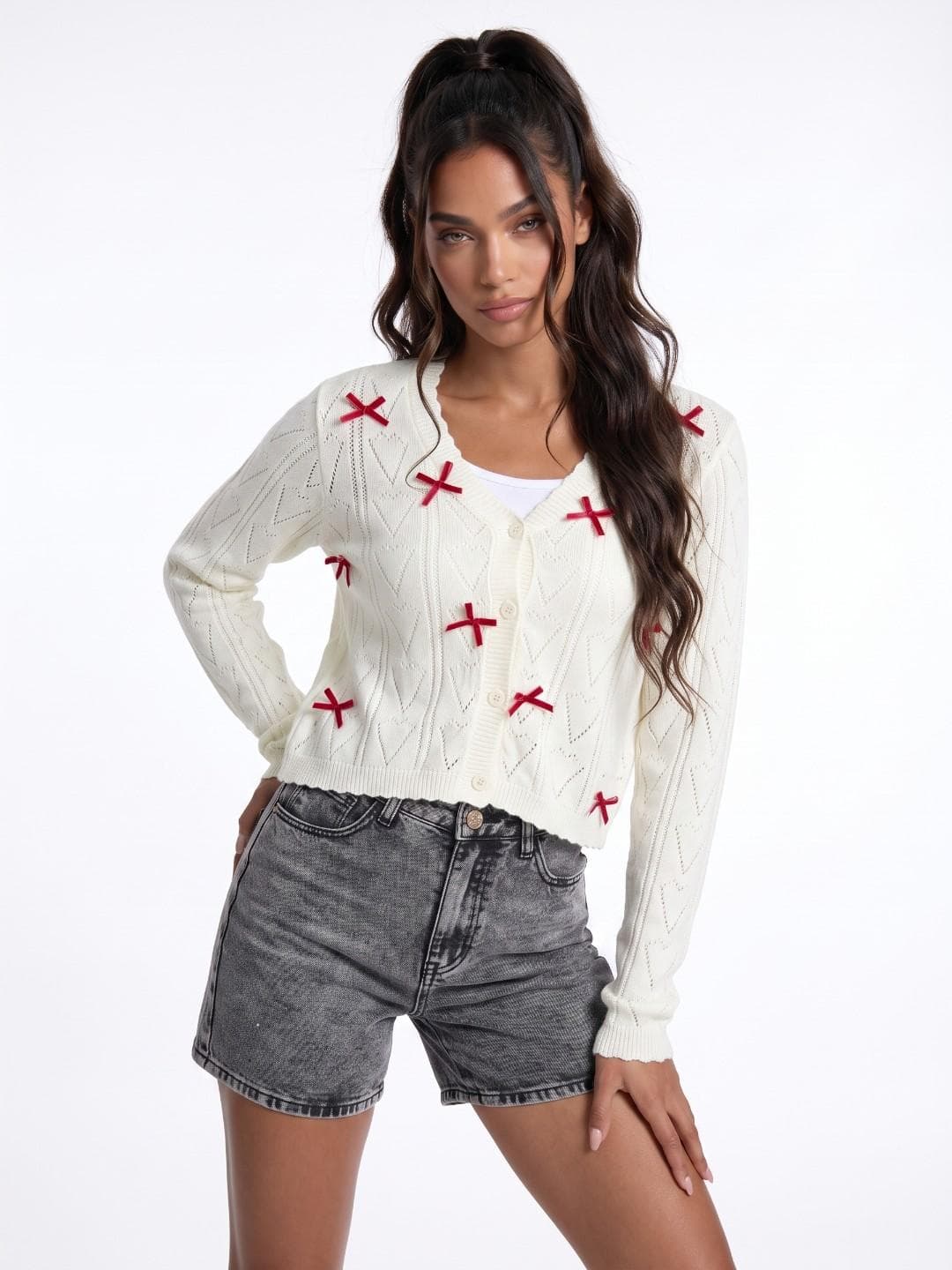 glitchez Bow Detail Self-Design Cardigan Sweater