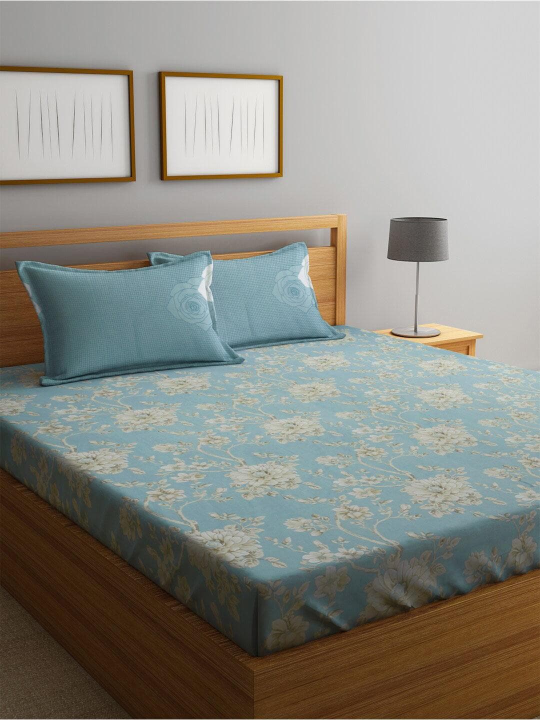 KLOTTHE Turquoise Blue Floral Pure Cotton 400 TC Fitted King Superfine Bedsheet with 2 Pillow Covers-270 x 270 cm