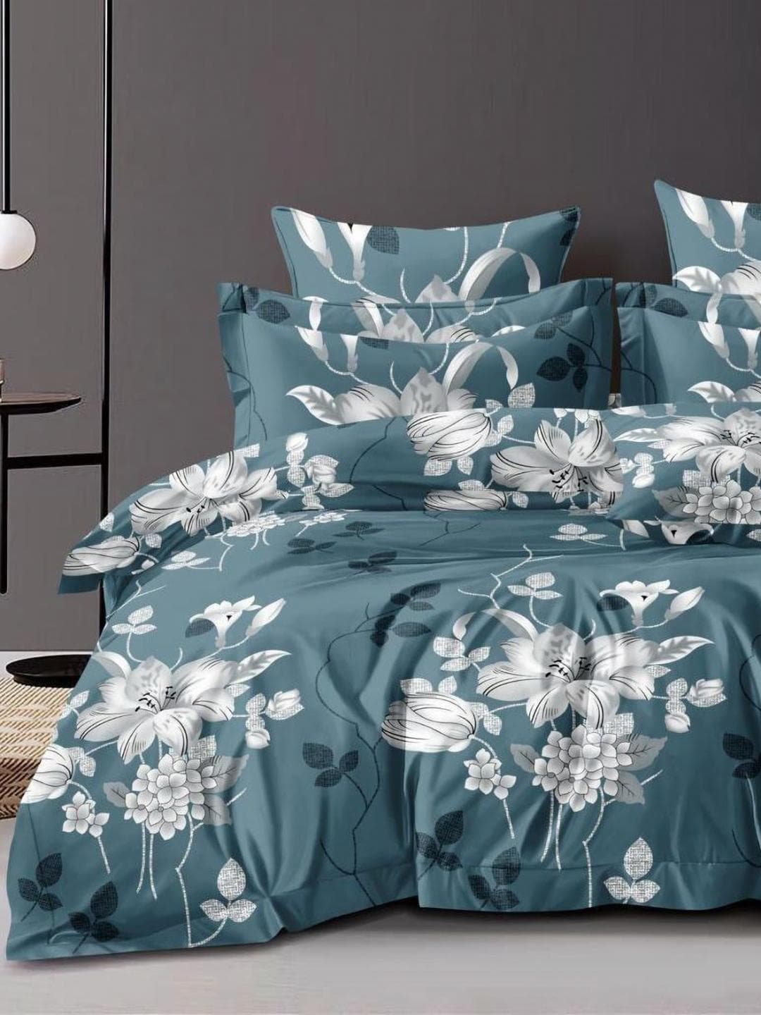 Aura Teal Floral Cotton 300 TC Queen Fine Bedsheet with 2 Pillow Covers-89 x 98 inches