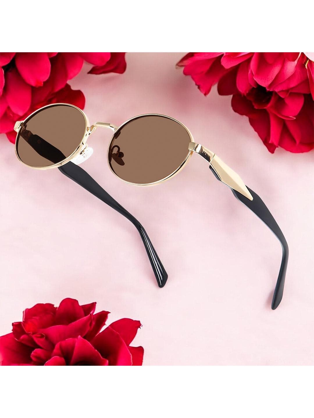 Buy DressBerry Women Oval Sunglasses With UV Protected Lens PUSHPA Gold Brown - - Accessories for Women