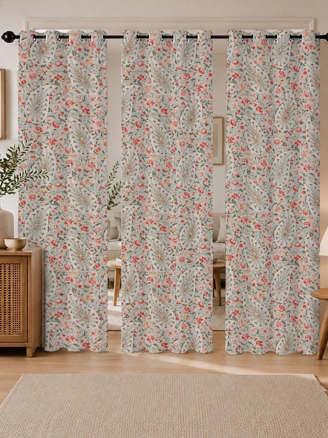 Buy ANA White & Red Set Of 3 Floral Room Darkening Door Curtain - - Home for Unisex