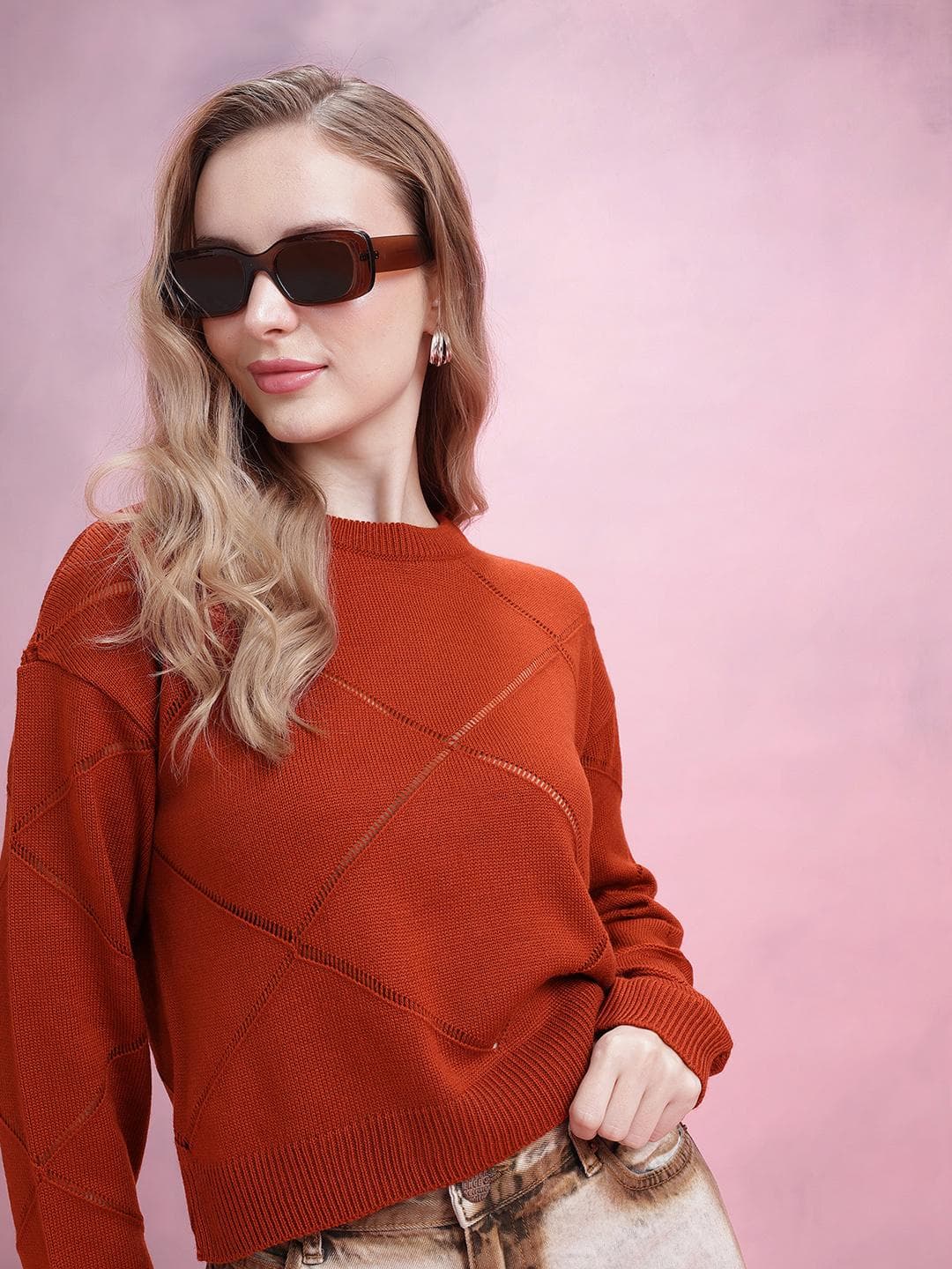 DressBerry Geometric Open Knit Pullover