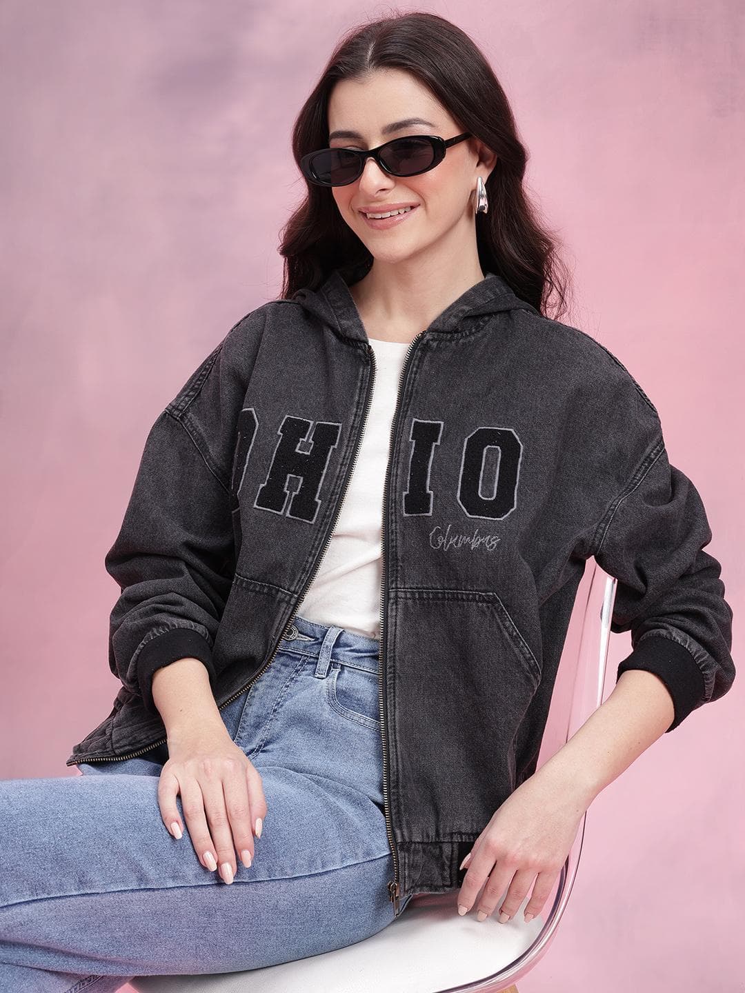DressBerry Hooded Typography Applique Detail Bomber Jacket