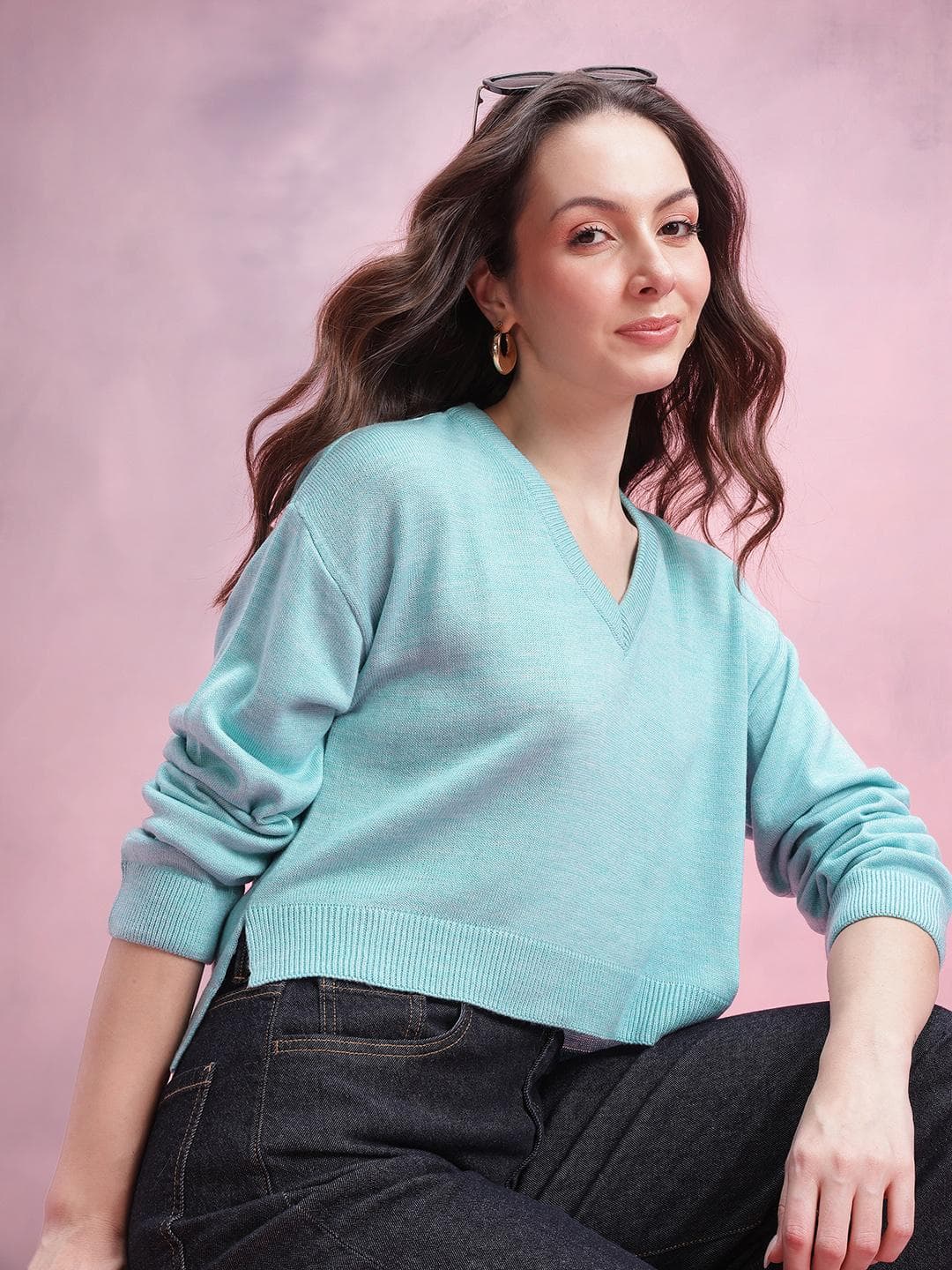 DressBerry V-Neck Drop-Shoulder Sleeves Crop Pullover with Side Slits