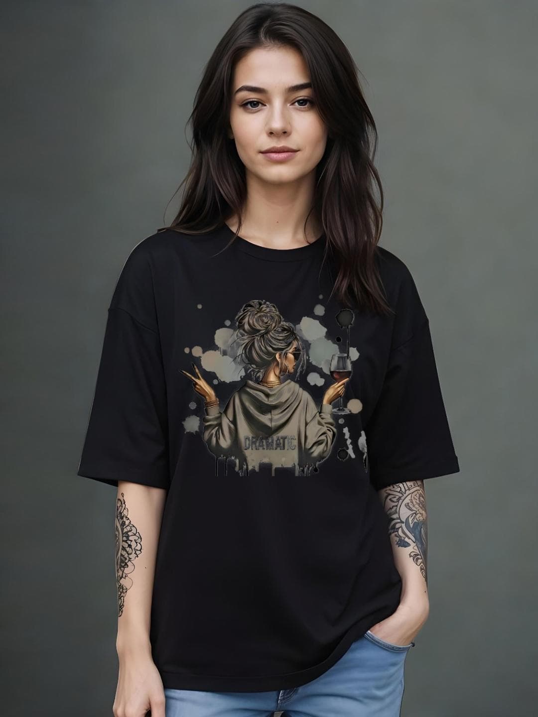DressBerry Graphic Printed Round Neck Drop-Shoulder Sleeves Oversized Cotton T-shirt
